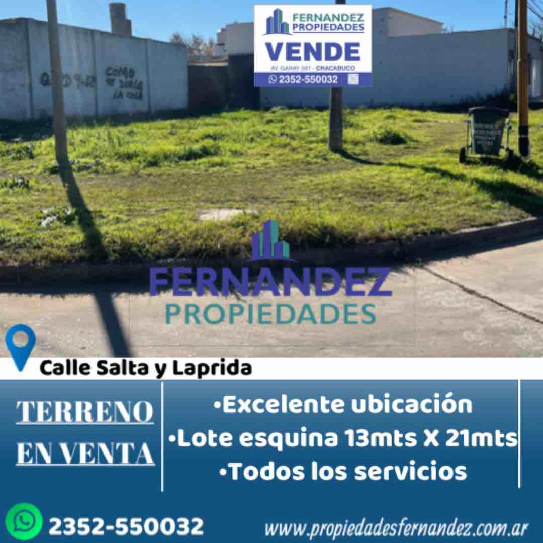 EN VENTA LOTE ESQUINA, CALLE SALTA Y LAPRIDA. CHACABUCO.- COD. 278