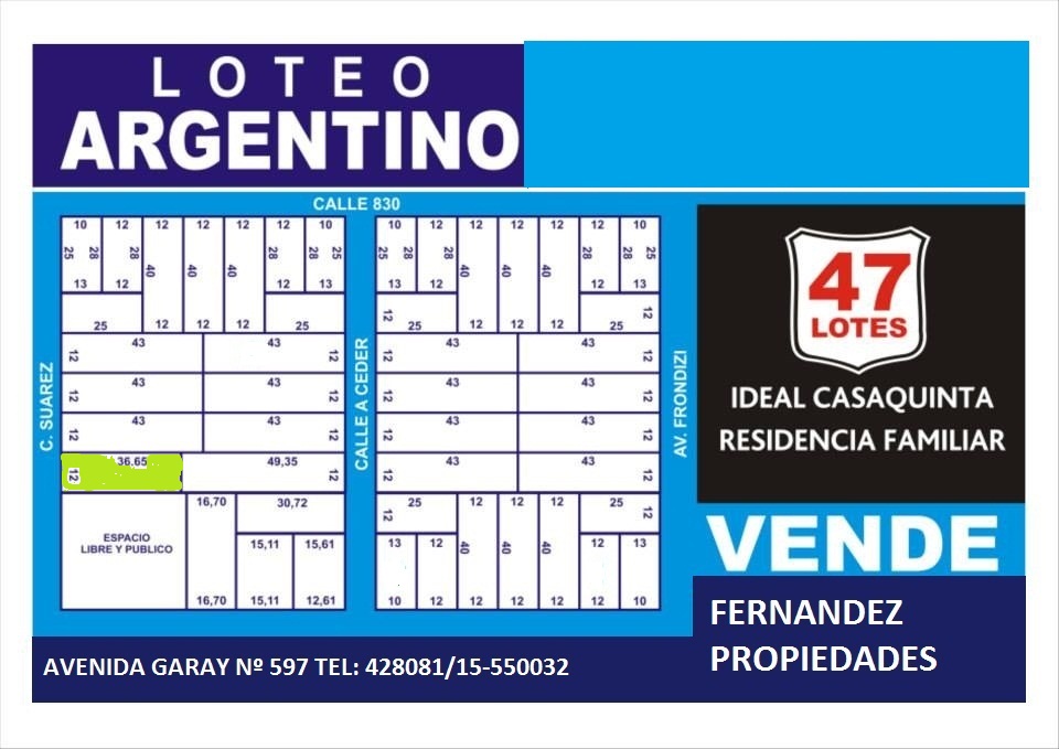 LOTE EN VENTA  12 mts X 36,65 mts, FRENTE ESTADIO DE ARGENTINO.- CHACABUCO. COD. 104