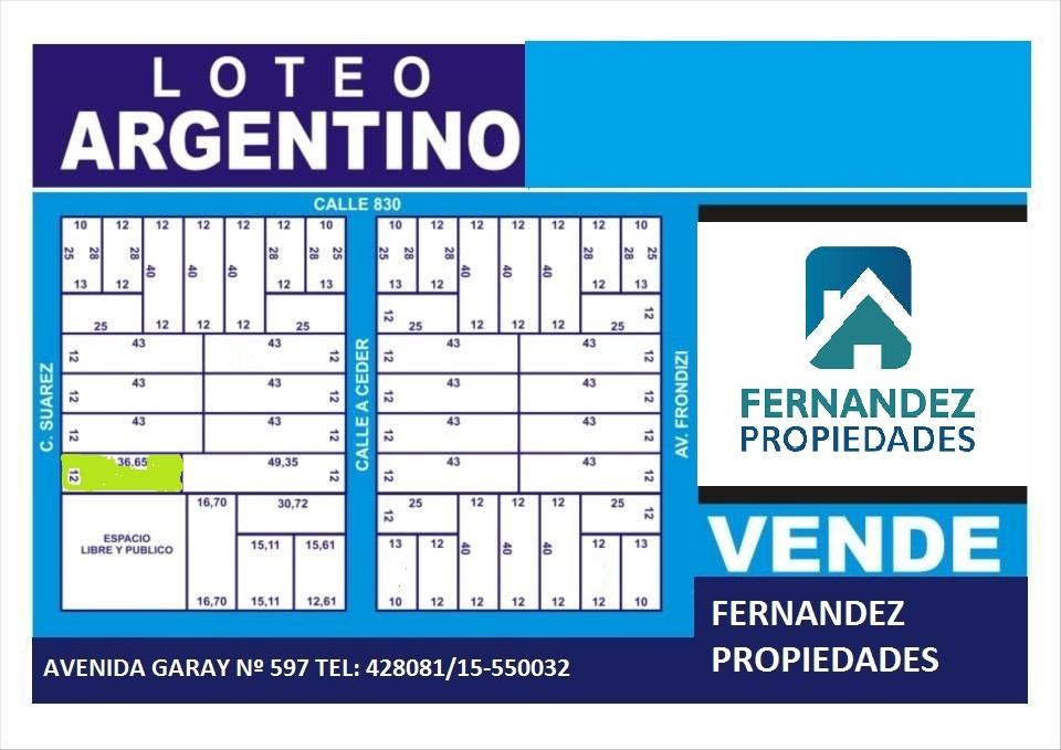 LOTE EN VENTA  12 mts X 36,65 mts, FRENTE ESTADIO DE ARGENTINO.- CHACABUCO. COD. 104