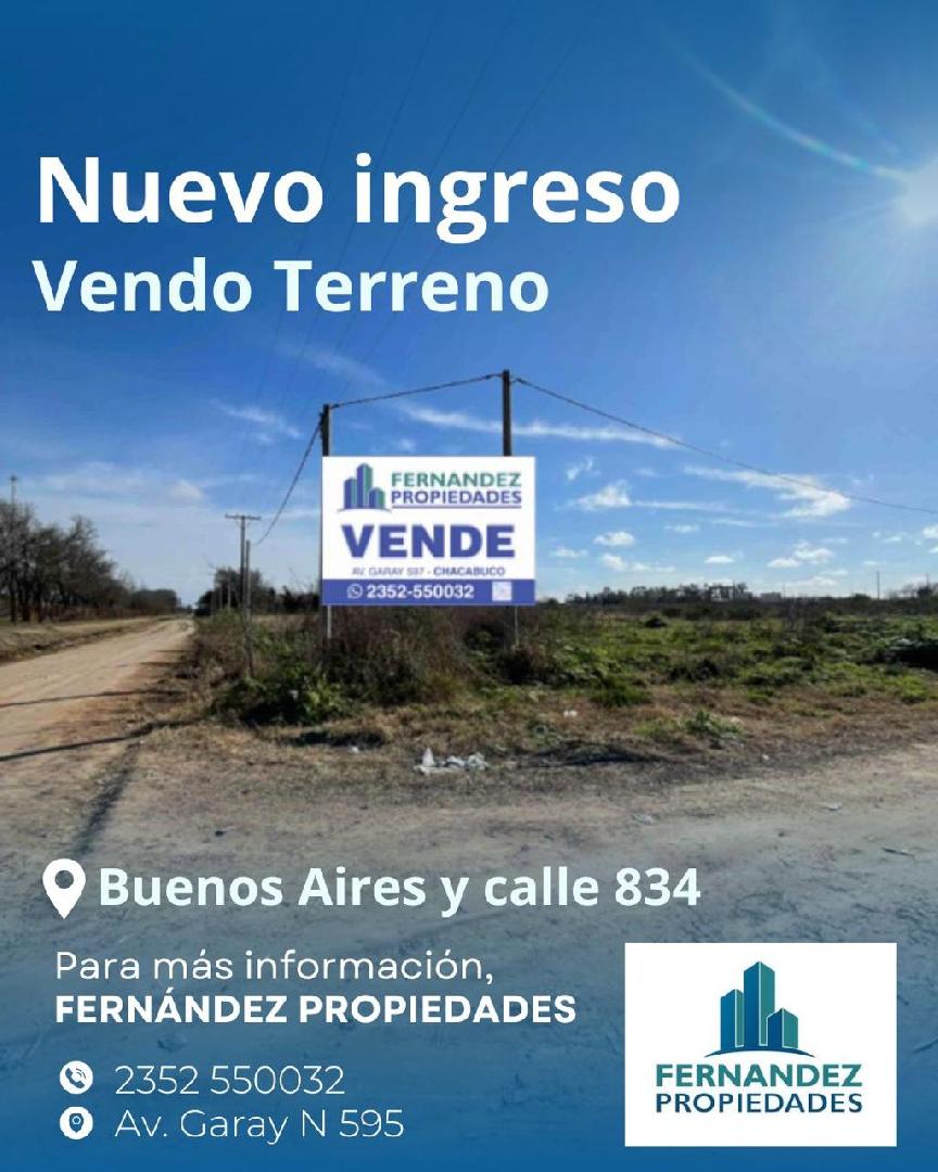 EN VENTA, TERRENO ESQUINA DE 13 X 28, CALLE BUENOS AIRES Y CALLE  834. CHACABUCO.- COD.287