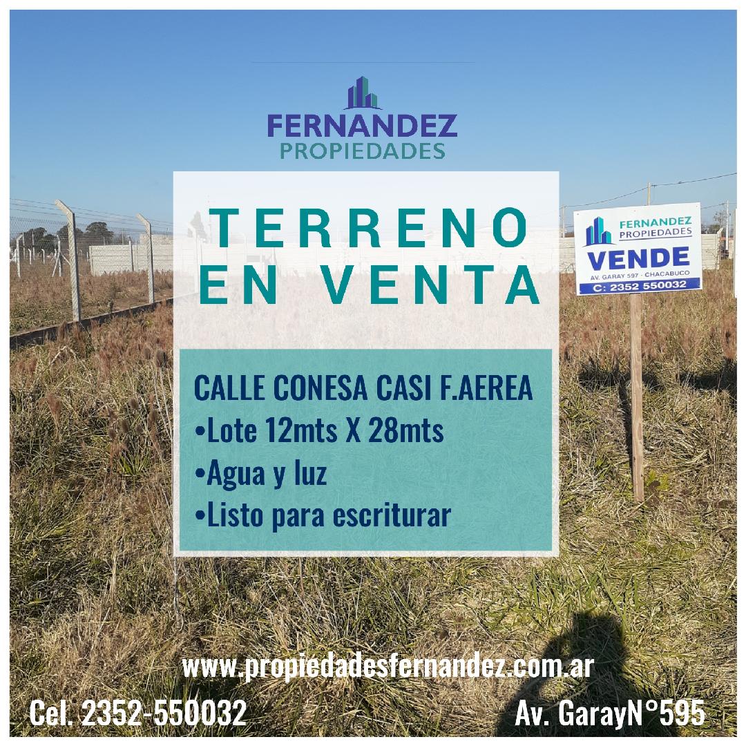 EN VENTA  LOTE DE 12mts X 28 mts SOBRE CALLE CONESA.- CHACABUCO. COD. 113