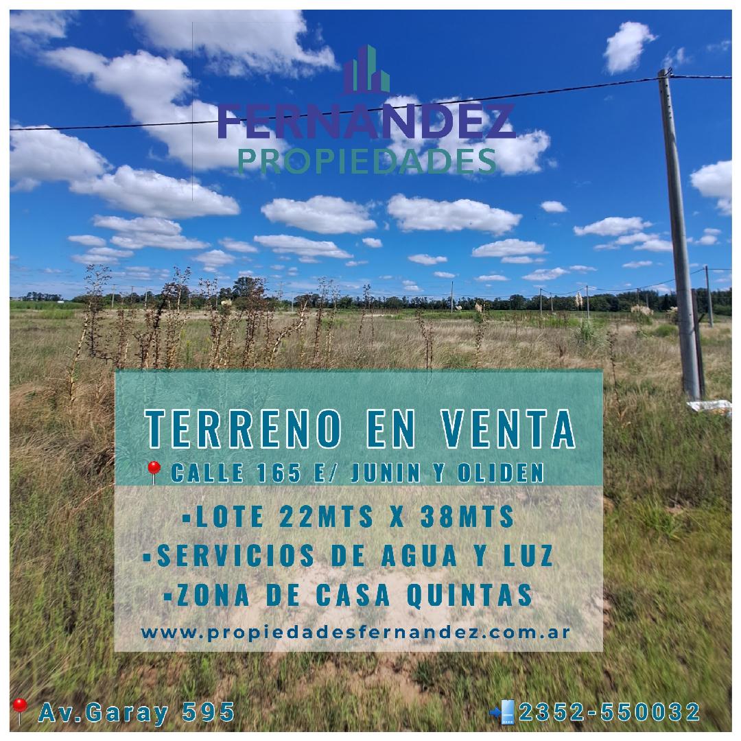 TERRENO EN VENTA, 22mts X 38mts CALLE 165 E/ JUNIN Y OLIDEN. CHACABUCO.- COD. 258