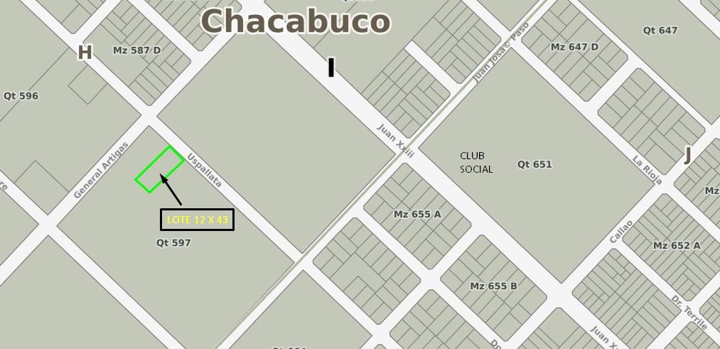 LOTE DE 12 POR 43 EN VENTA. CALLE VELEZ SARFIELD E/ ARTIGAS Y 619. CHACABUCO.- COD. 215